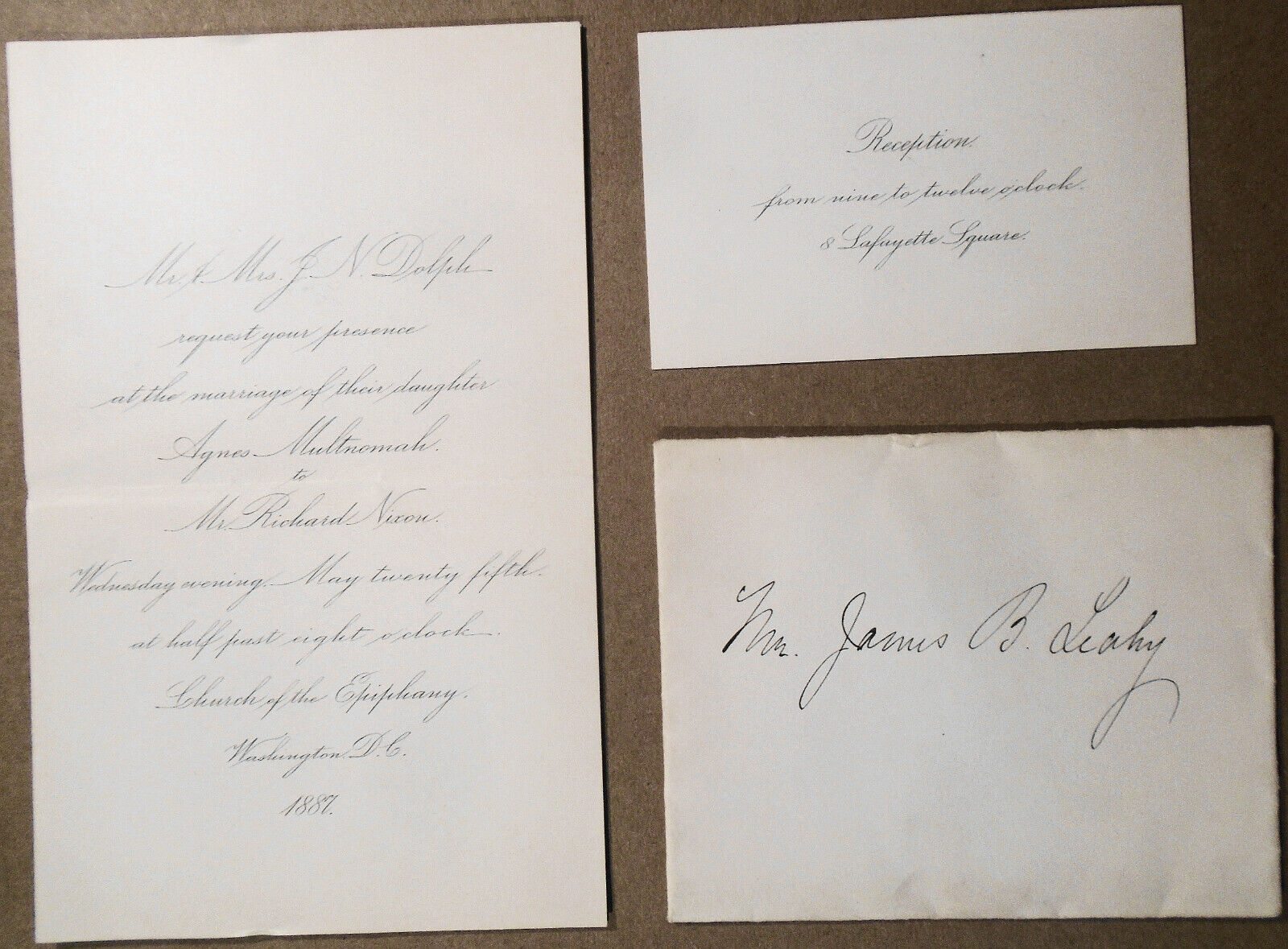 1887 Marriage: wedding and reception invitations: Richard Nixon and Agnes Dolph
