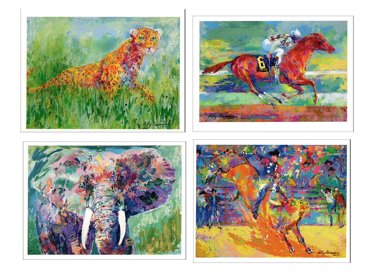 Leroy NEIMAN Set of 4 Postcards - Leopard - Elephant - Horse - Bull Fight