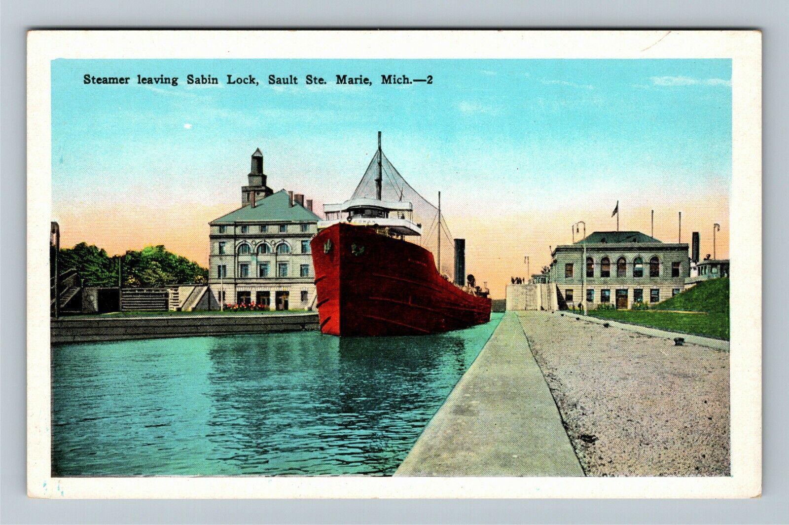 Sault Ste Marie MI-Michigan, Steamer Leaving Sabin Lock Vintage Postcard