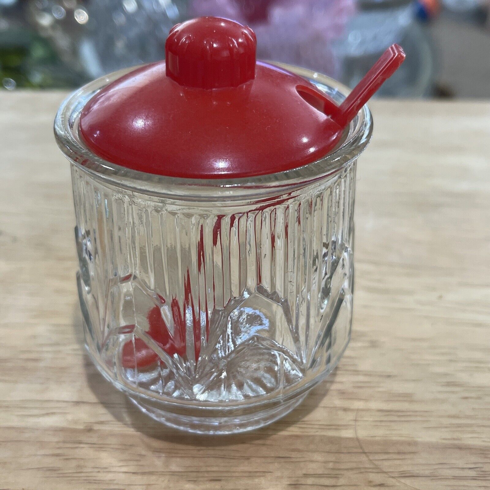 Vintage Medco NYC Clear Glass and Red Plastic Condiment Set w/Spoon