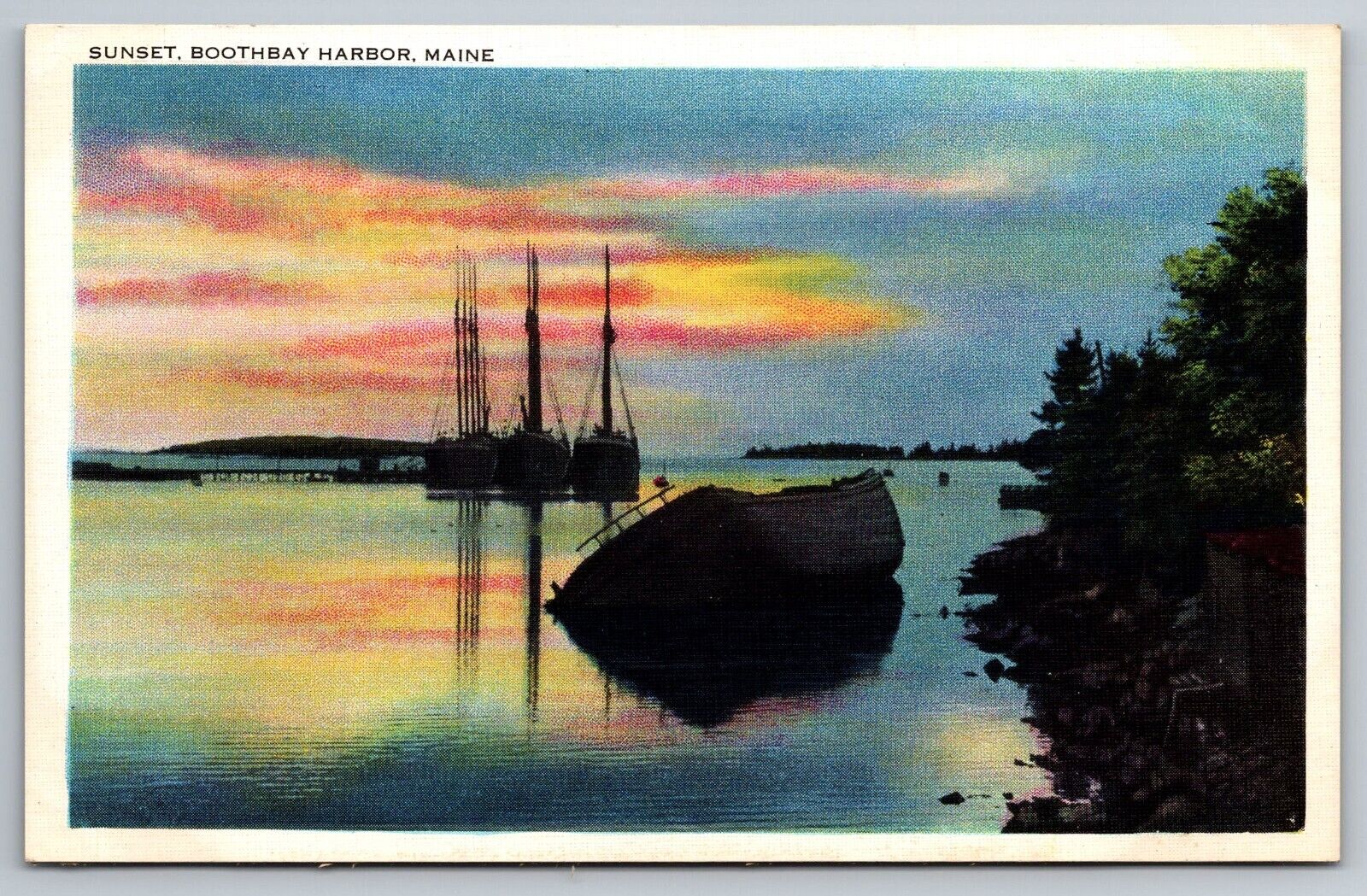 Sunset at Boothbay Harbor, Maine. Vintage Postcard