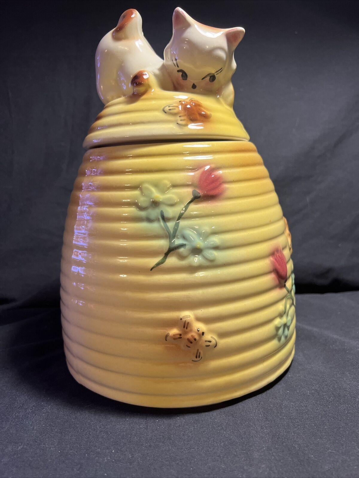 Vintage American Bisque Beehive & Kitten Cookie Jar, Curious Cat, Bees& Flowers