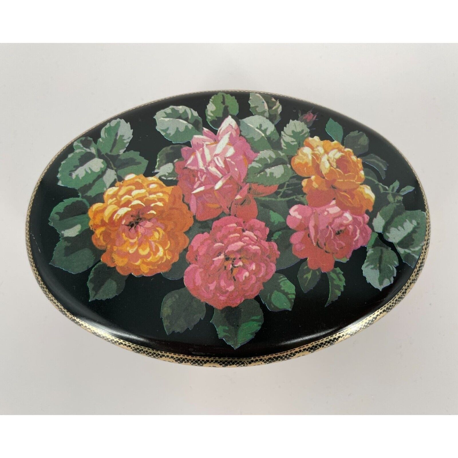 Vintage Meister Brazil Decorative Metal Tin Oval Floral Roses Black
