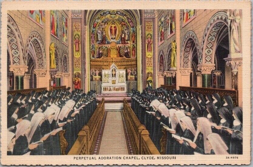 CLYDE, Missouri Postcard PERPETUAL ADORATION CHAPEL Church Interior / Linen 1933