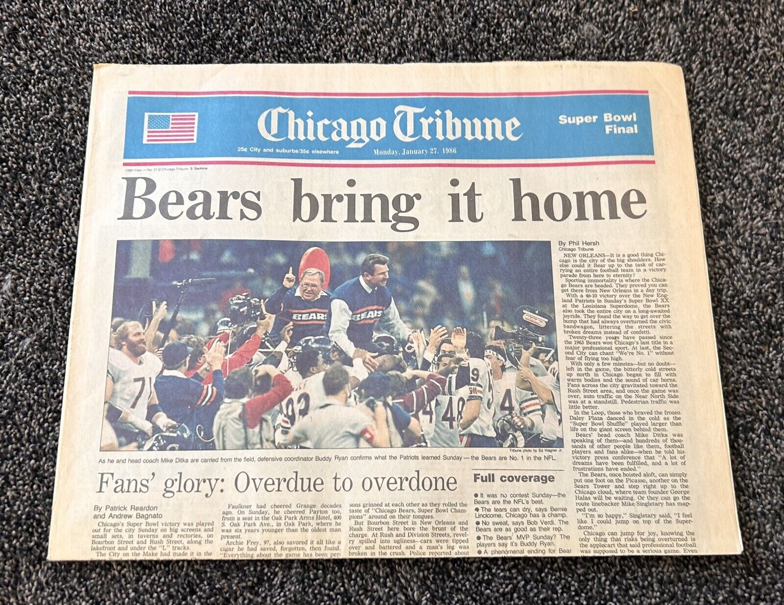 Chicago Tribune January 27, 1986 Super Bowl Bears Complete Newspaper