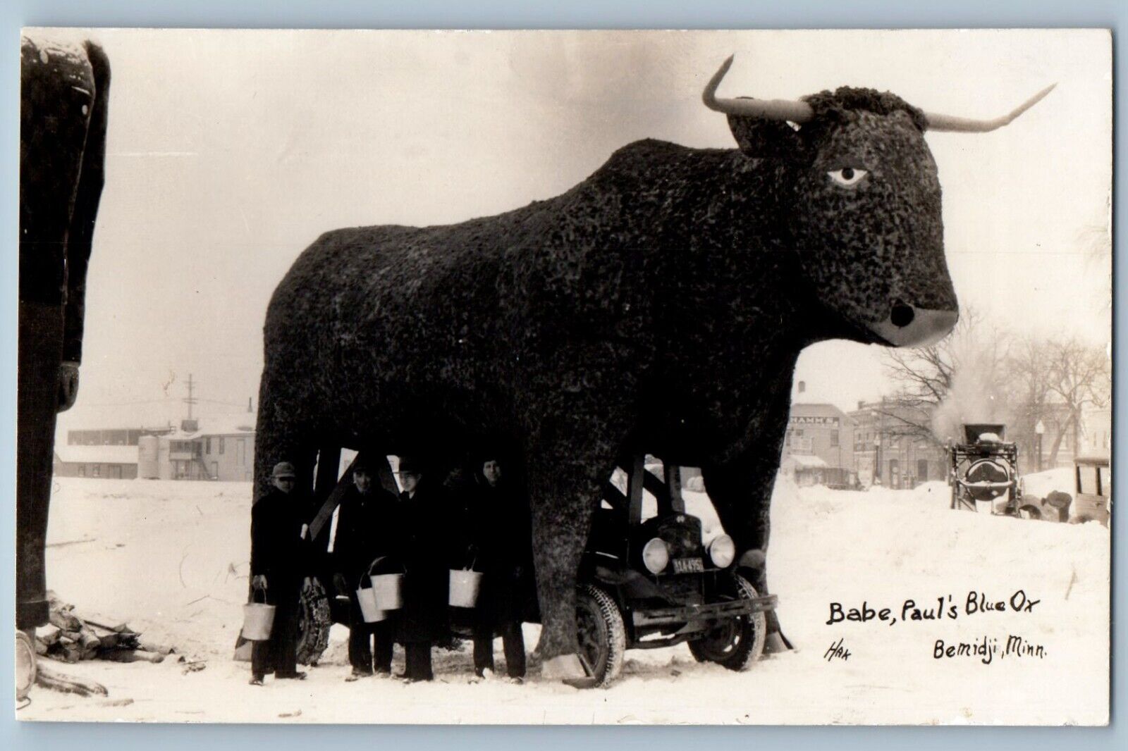Bemidji Minnesota MN Postcard RPPC Photo Babe Paul's Blue Ox Hak Hamm's Winter