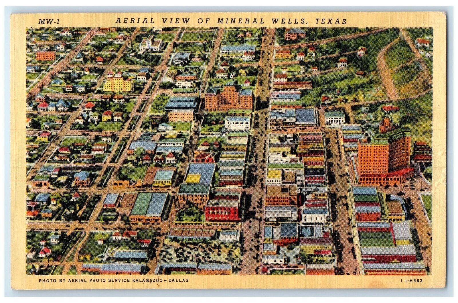 c1940's Aerial View Buildings Roads Street Of Mineral Wells Texas TX Postcard