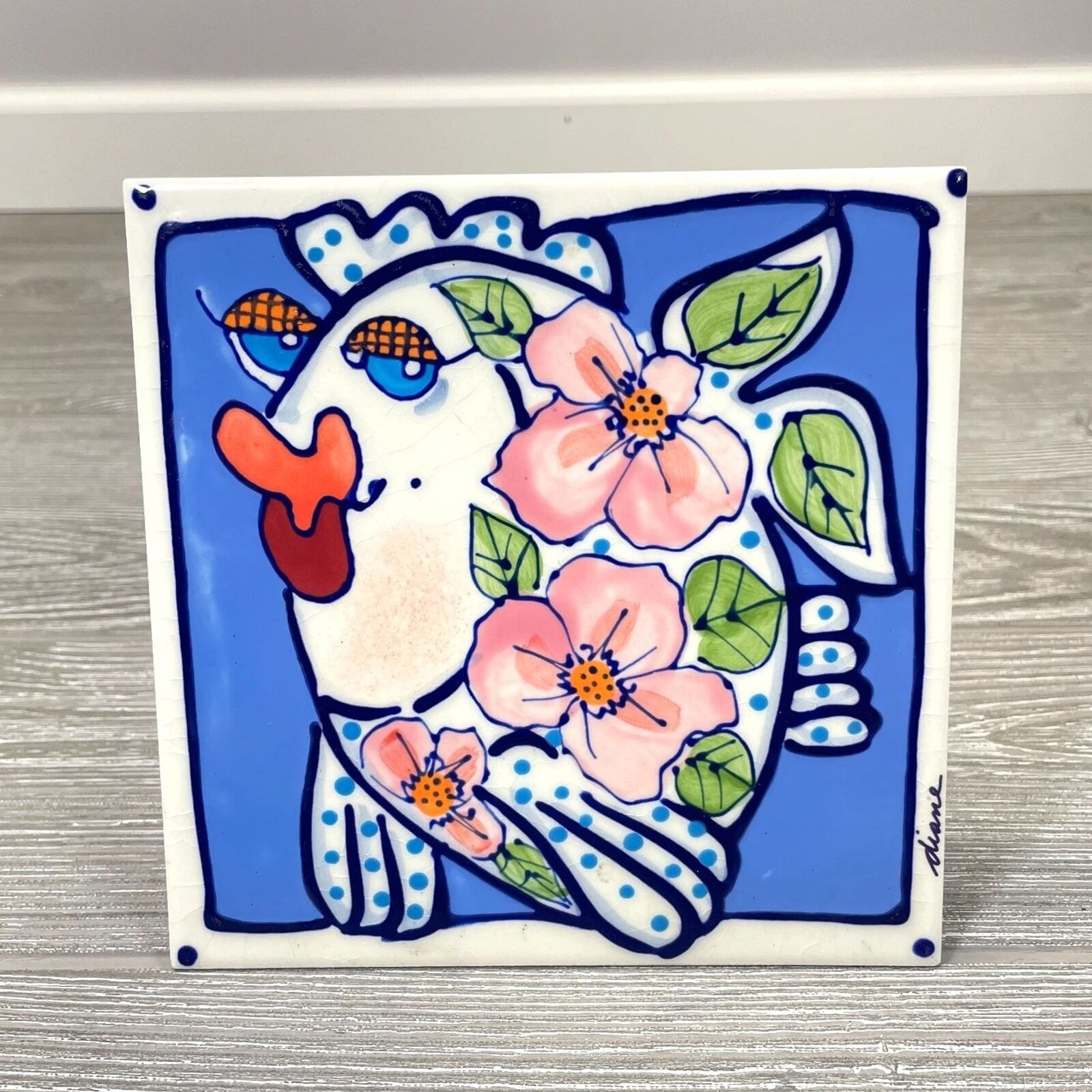 2001 Diane Artware Kissing Fish 6in Ceramic Tile Trivet Decor Pink Blue Floral