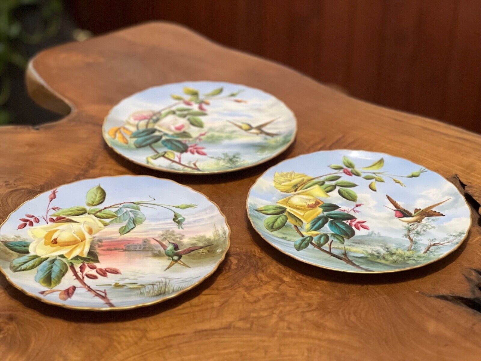 Stunning Antique George Jones & Sons Hummingbird Landscape 3 Collector Plates