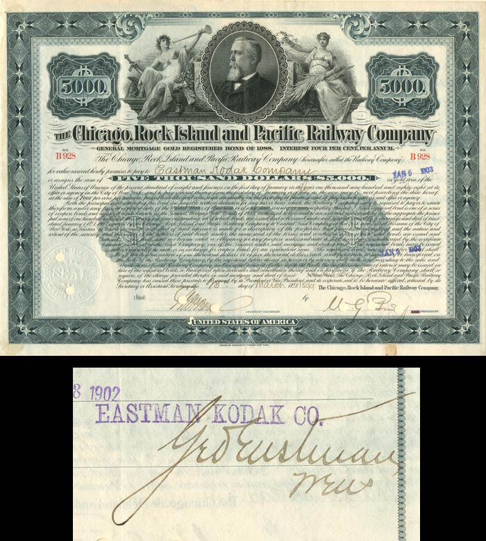 George Eastman signed Chicago, Rock Island and Pacific Railway $5,000 Bond - Aut