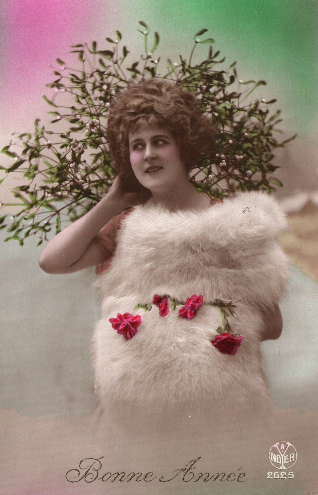 VINTAGE POSTCARD ALFRED NOYER CLASSIC HAPPY NEW YEAR PRETTY WOMAN c. 1910-1922