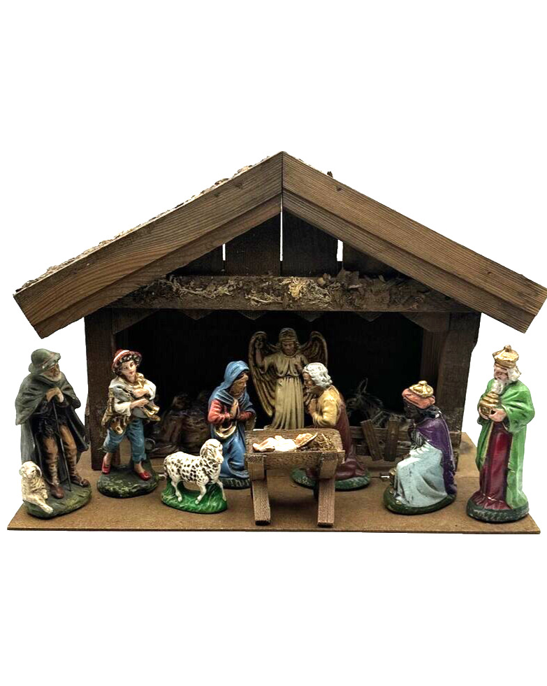 Vintage Marolin Nativity Set 11 Paper Mache Figures Stable Manger W Germany