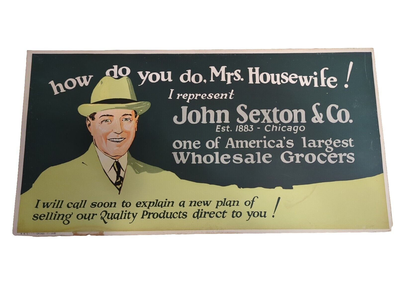 JOHN SEXTON GROCERS CHICAGO IL HOUSEWIFE 1920S TROLLEY CARD PAPER SIGN ANTIQUE