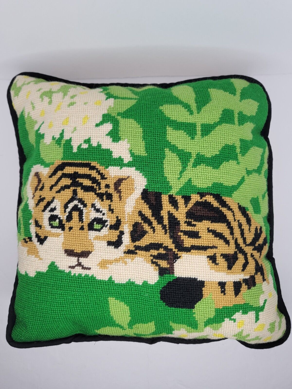 Vintage Tiger Needlepoint Pillow Decorative Handmade Throw Cushion 14\