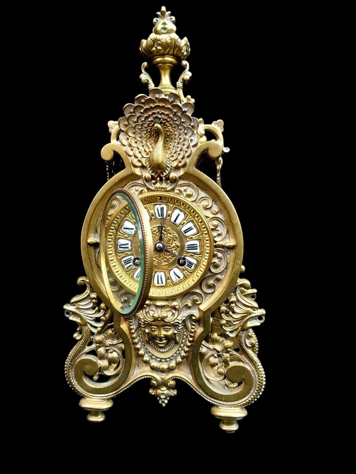Antique Clock French Asian Victorian 19th Century Dragon Peacock Large c1860