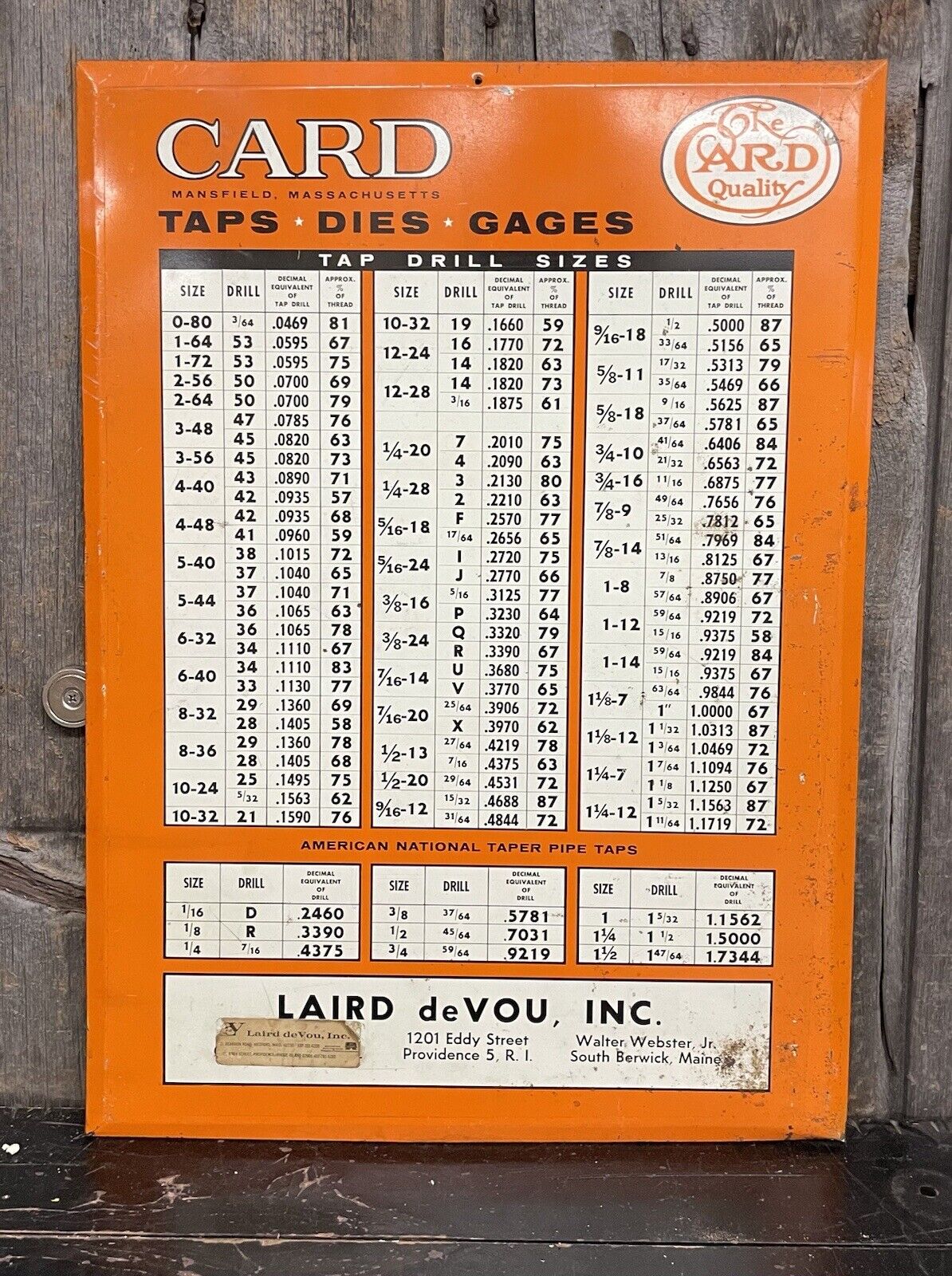 Early Vintage TOC Card Quality Tap Drill & Gages Gas Service Station Sign Maine 