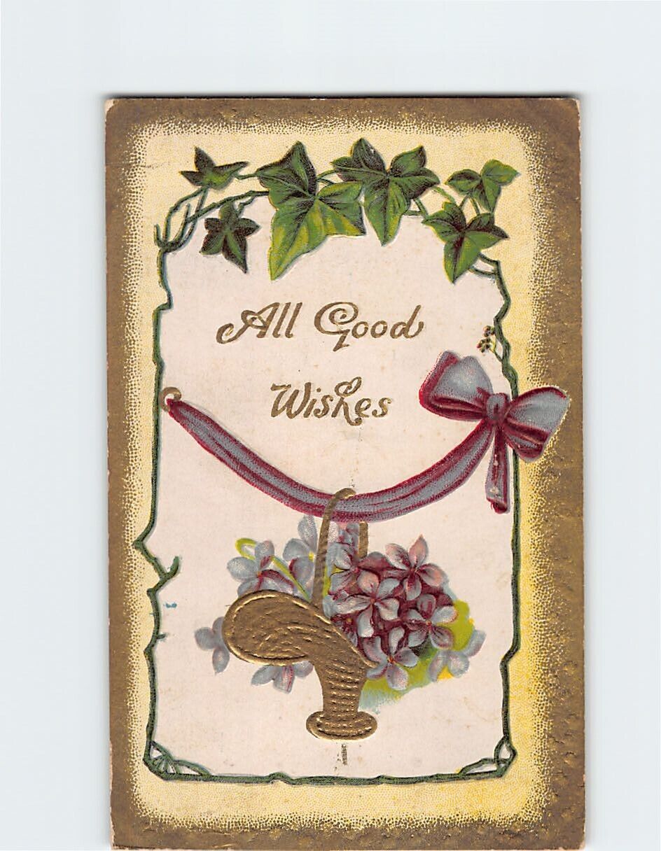 Postcard All Good Wishes with Flowers Ribbon Embossed Art Print