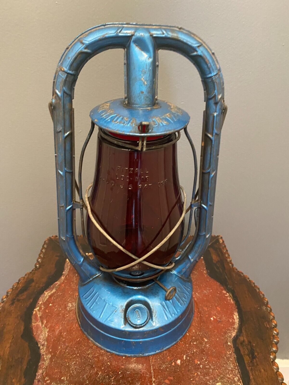 Vintage Blue Dietz Monarch Lantern NY USA Red Glass Globe Lantern Fitzall Globe