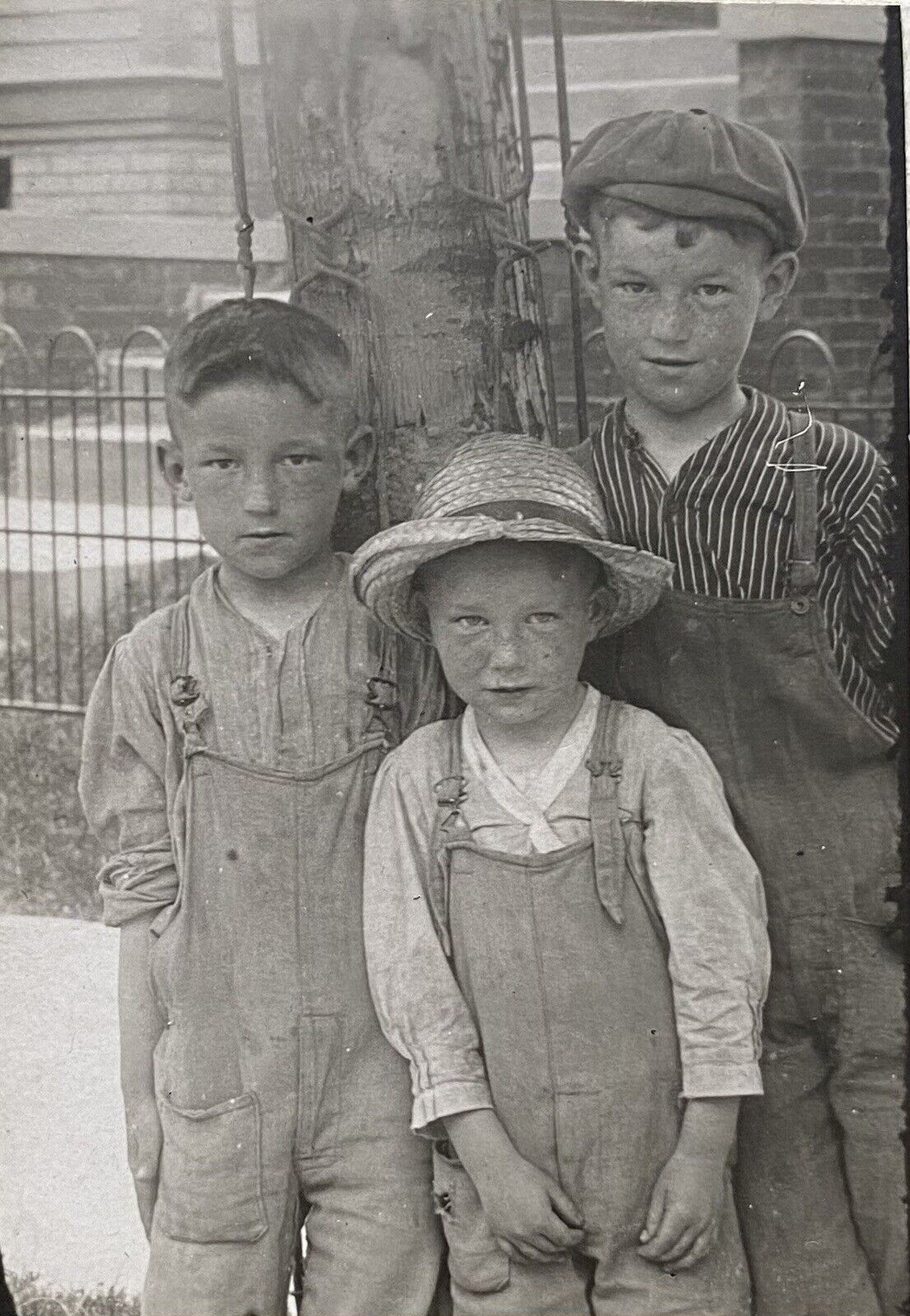 Cute Little Boys in Overalls Young Brothers Antique Vintage Photo