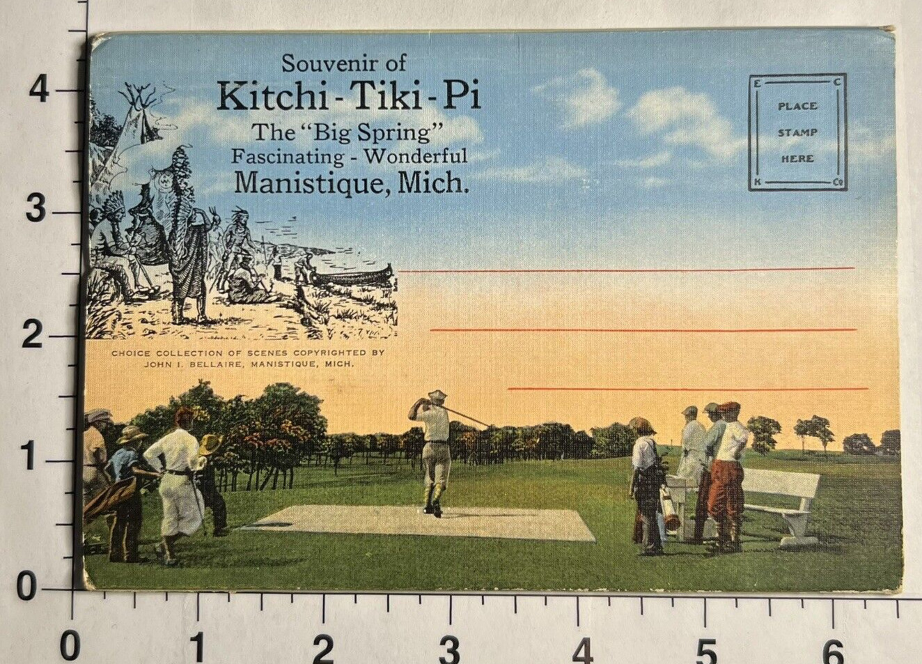 Vintage Souvenir Folder Postcard Kitchi Tiki Pi Manistique Michigan c1940