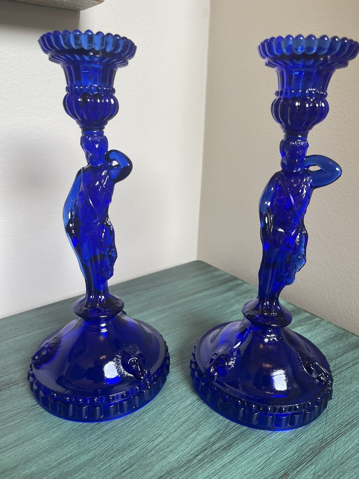 Incredibly Rare Cobalt Blue Glass Figural Candlesticks featuring Grecian Goddess