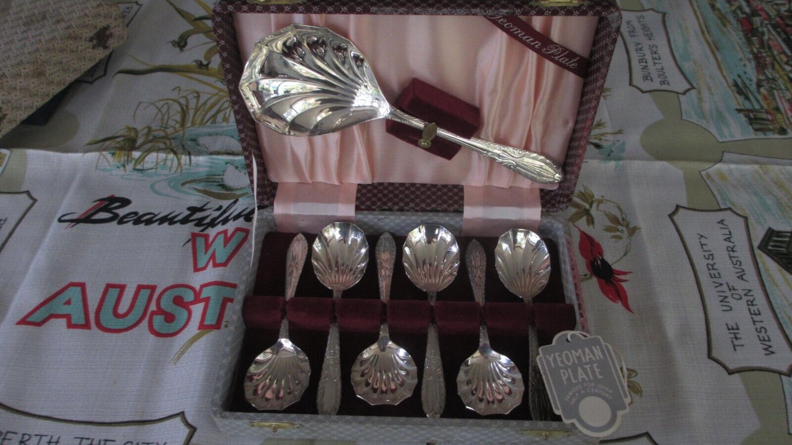 Vintage Yeoman England Silver Plated Fruit Dessert   6x Spoons & Server Cased
