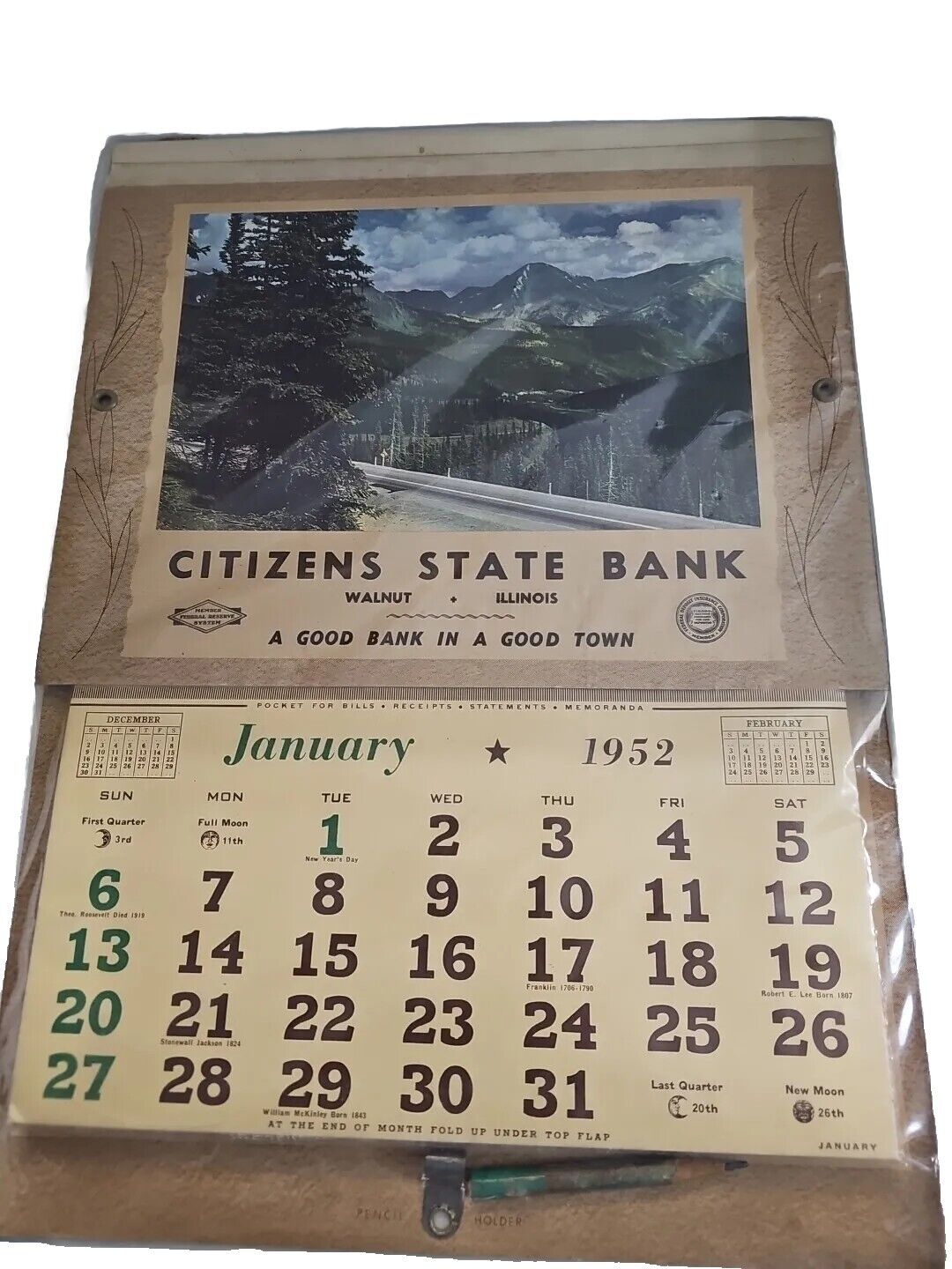 1952 Citizens State Bank WALNUT IL Vintage Wall Calendar Stored In Plastic Xxy