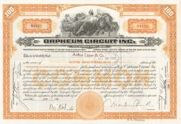 Orpheum Circuit Inc. - Stock Certificate - Entertainment Stocks & Bonds