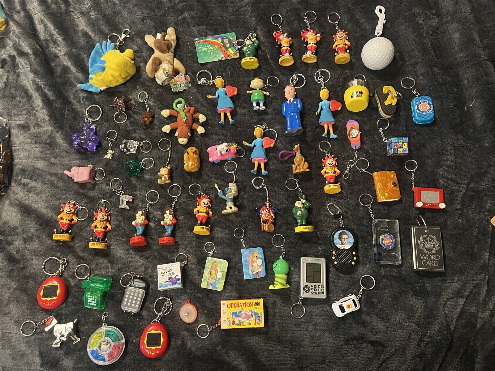 #13 VINTAGE KEYCHAIN LOT OF 58 KEY CHAINS FOBS PLUSH CASINO GAMES TOYS