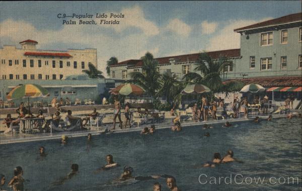 1958 Palm Beach,FL Popular Lido Pools Florida F. E. C. News Co. Linen Postcard