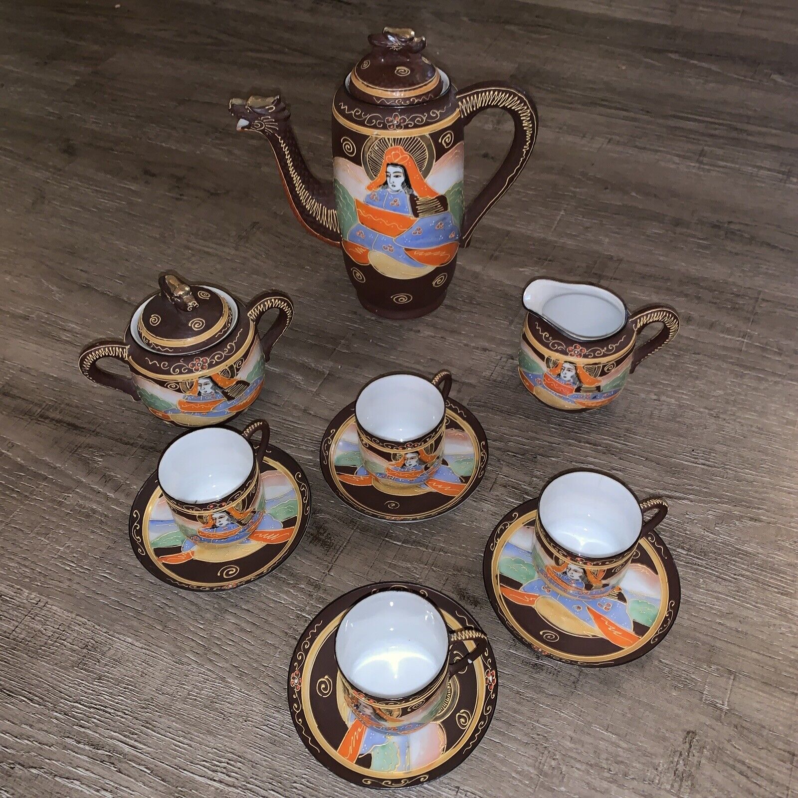 Vintage Moriage Dragonware Tea Set With Geisha Design Teapot Creamer Sugar Tea C