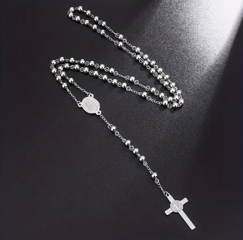 Rosary Necklace 925 Solid Pure Sterling Silver Rosary Cross Prayer Necklace
