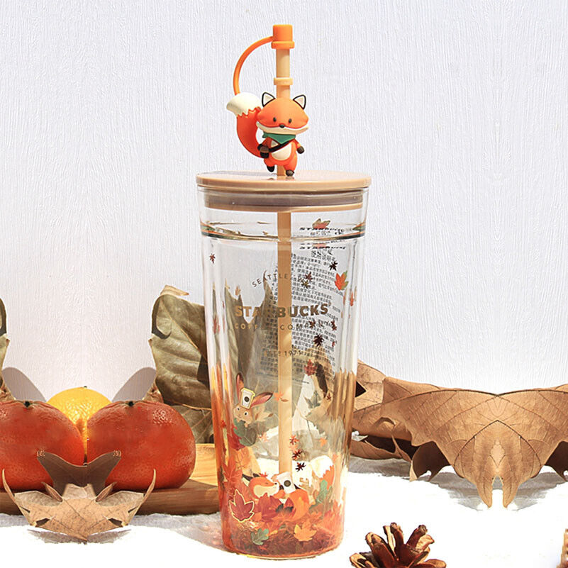 Starbucks Autumn Leaves Rabbit And Fox 20oz Double Wall Glass Straw Cup Tumbler