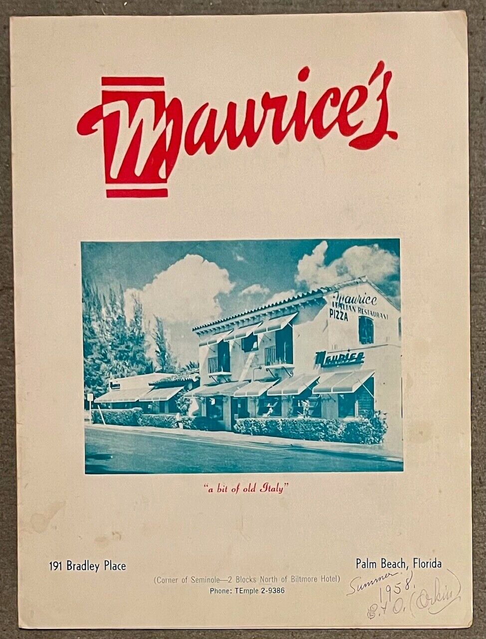 1958 Palm Beach Florida Maurice's Restaurant Menu