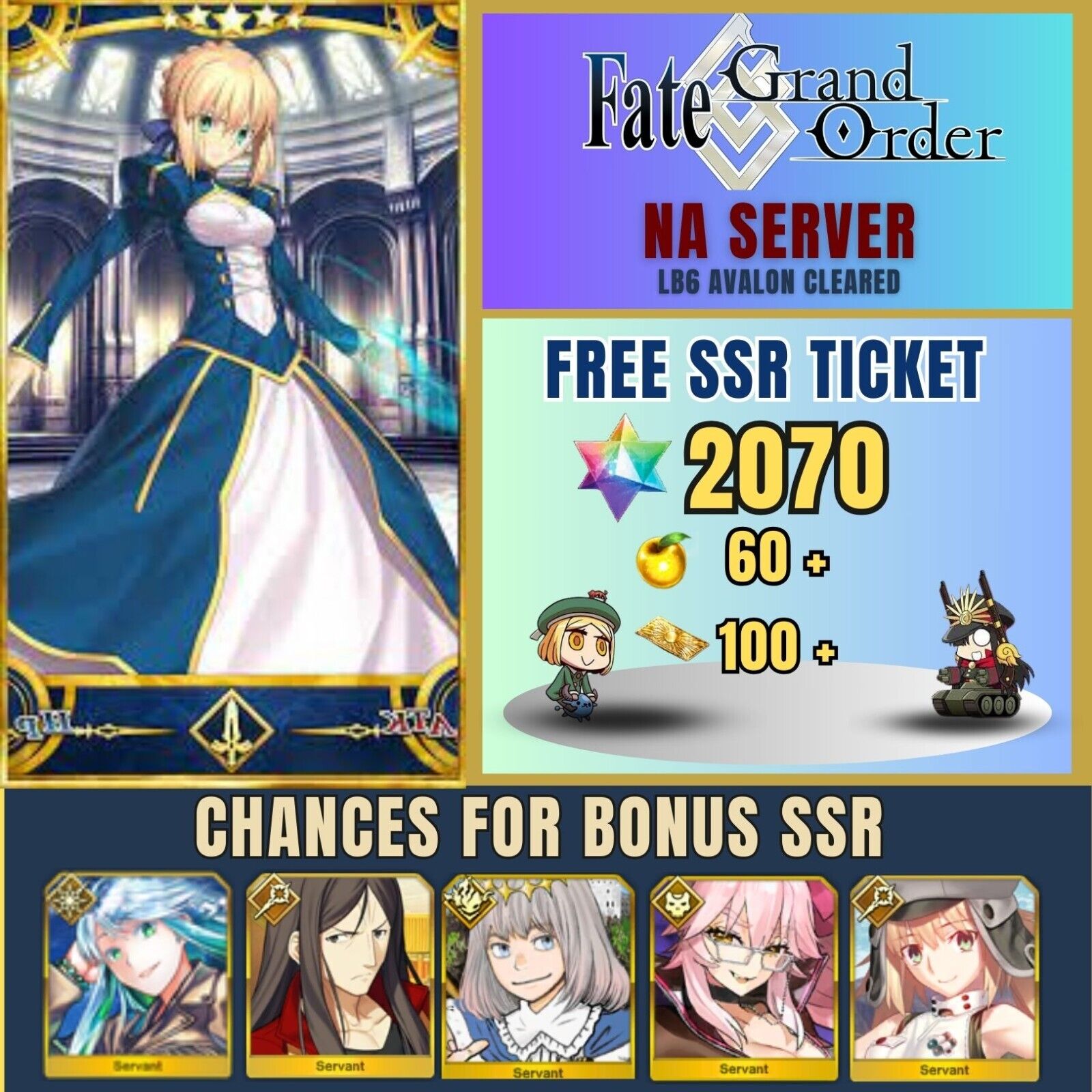[NA]Fate Grand Order Reroll 2070 SQ LB 6 Cleared