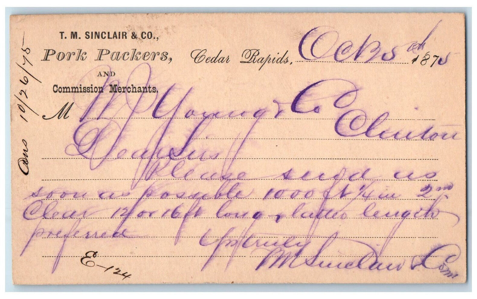 1875 T.M. Sinclair & Co. Pork Packers Cedar Rapids Clinton IA Postal Card