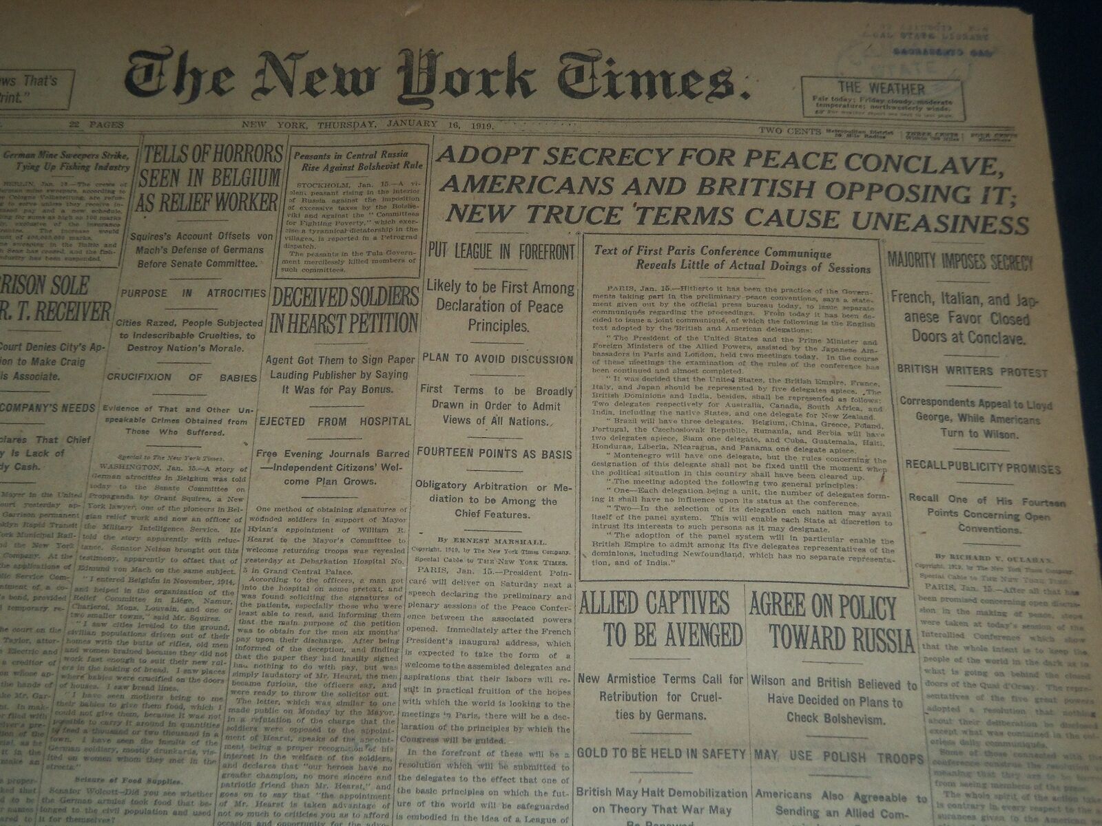 1919 JANUARY 16 NEW YORK TIMES NEWSPAPER - ADOPT SECRECY FOR PEACE - NT 7520