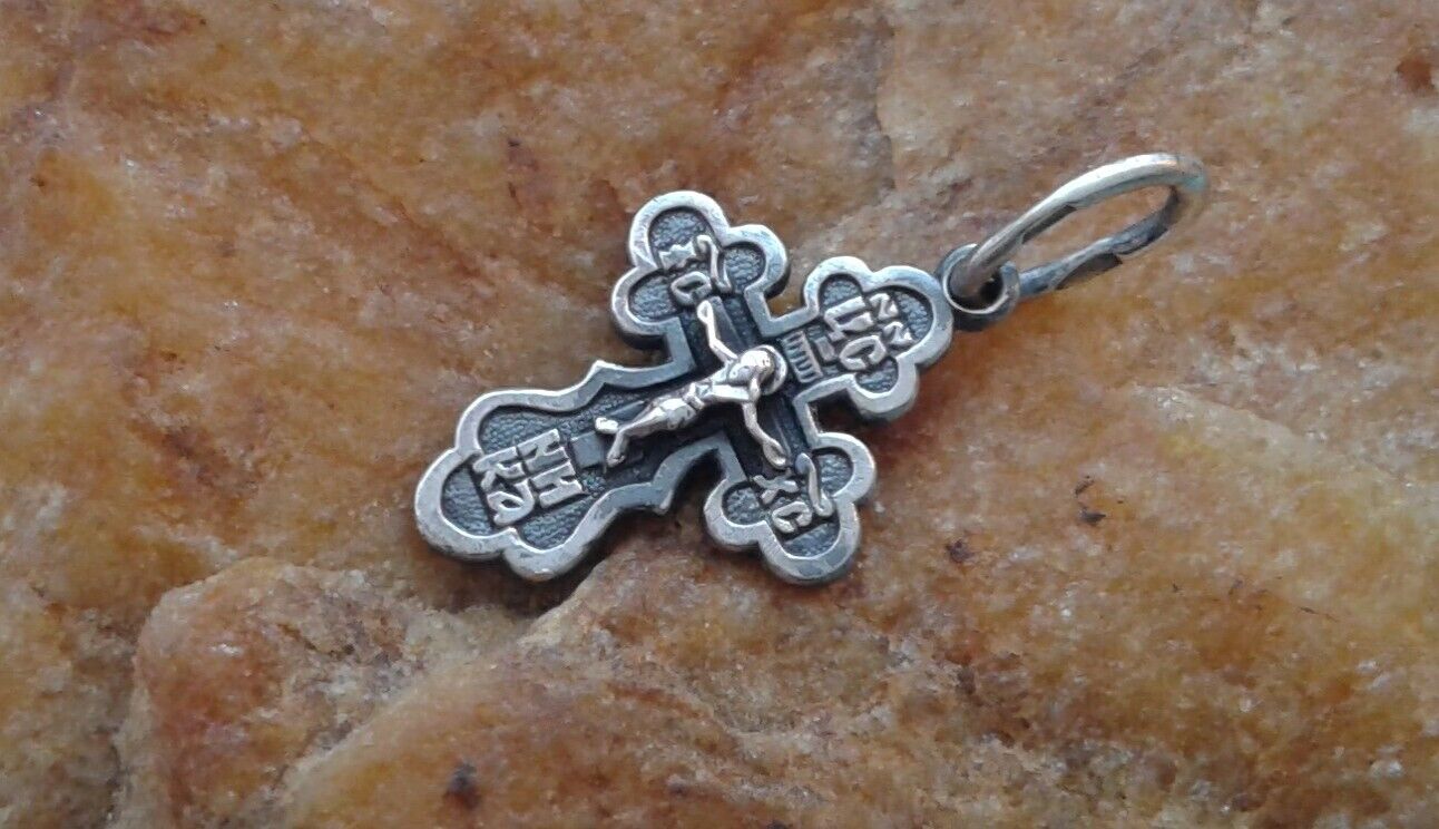 VINTAGE STERLING SILVER 925 SMALL ORTHODOX CRUCIFIX PENDANT with PSALM 68 PRAYER