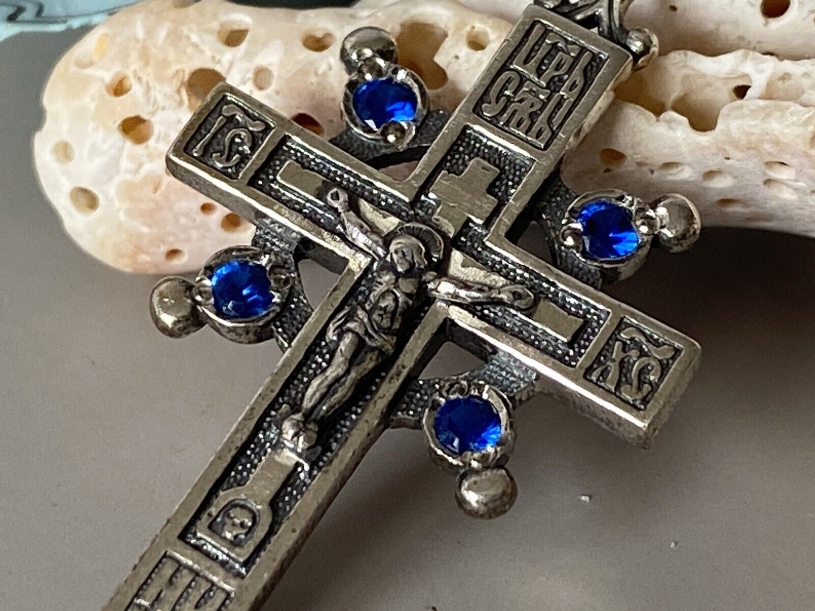 Rare New Vintage Russian Sterling Silver & Blue Glass Orthodox Cross W/ Tags
