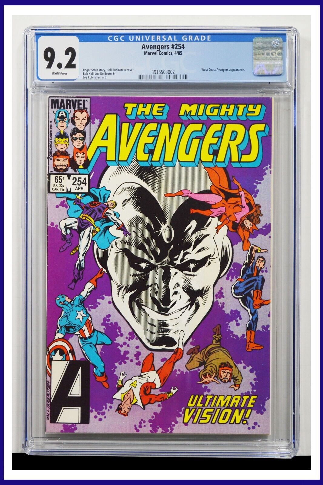 Avengers #254 CGC Graded 9.2 Marvel April 1985 White Pages Comic Book.