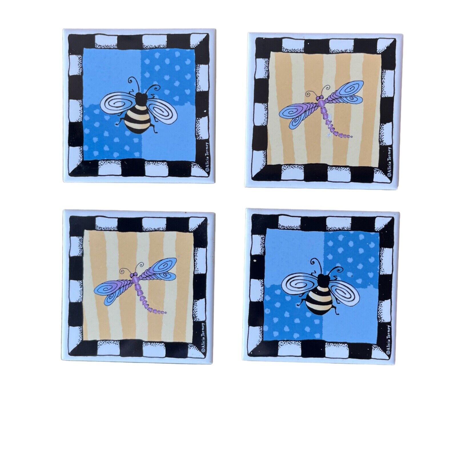 Set 4 Signature Bug Me Dragonfly Alicia Tourney Tile Coasters 4.25 in Square