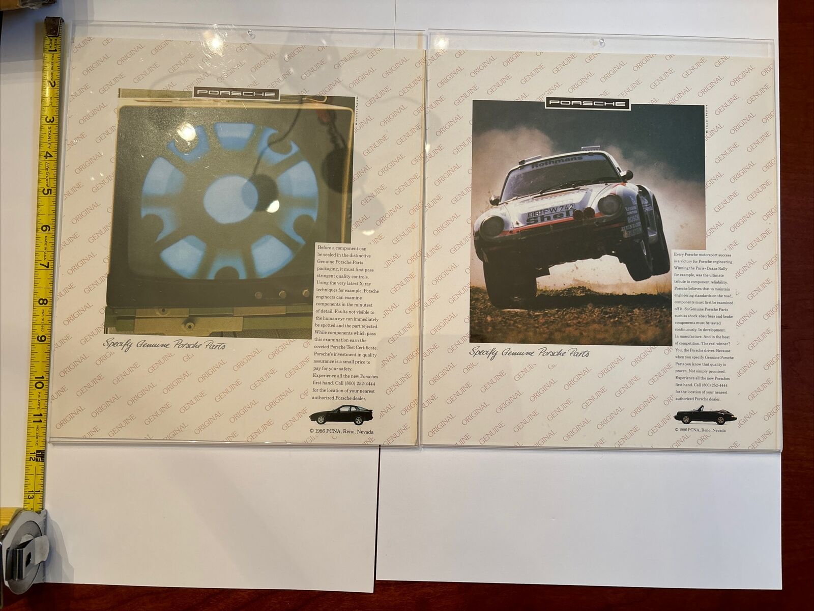 Six vintage Porsche Service &Parts posters framed in plexiglass 11 1/2 X 9 3/4