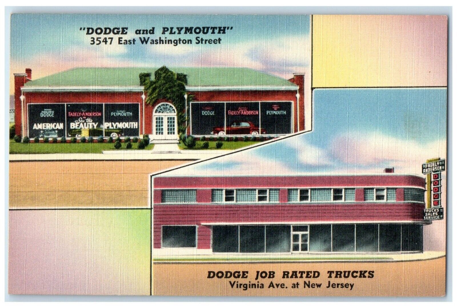 c1940's Dodge Plymouth Car Dealership Dodge Job Rated Trucks Vintage Postcard