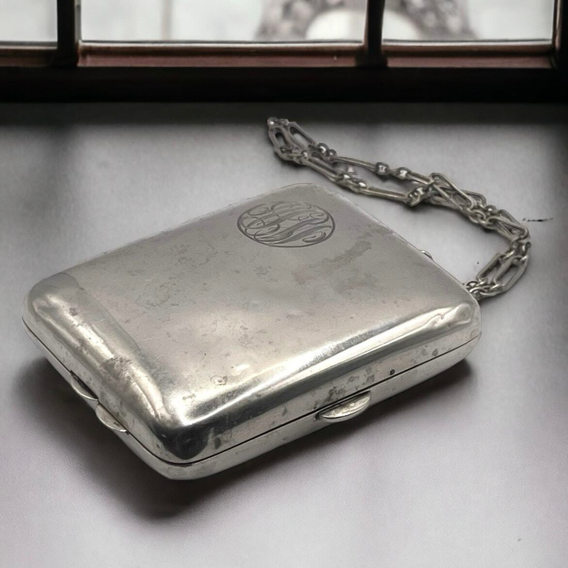 Engraved Sterling Silver Cigarette, Coin, Mirror, Compact, Chain Purse, 160.9g