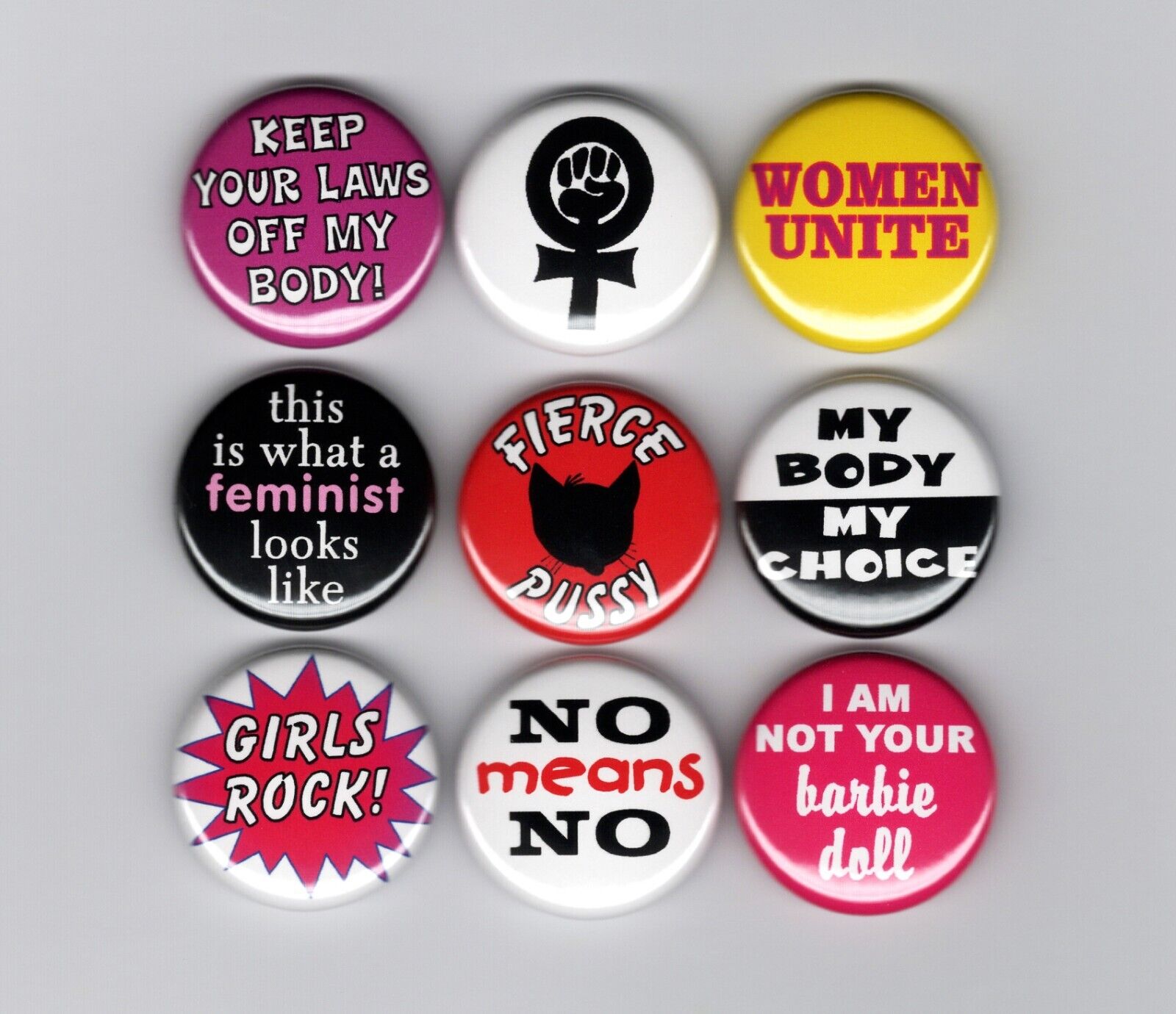 FEMINIST pinback button set feminism girl anti sexist pro choice my body fist
