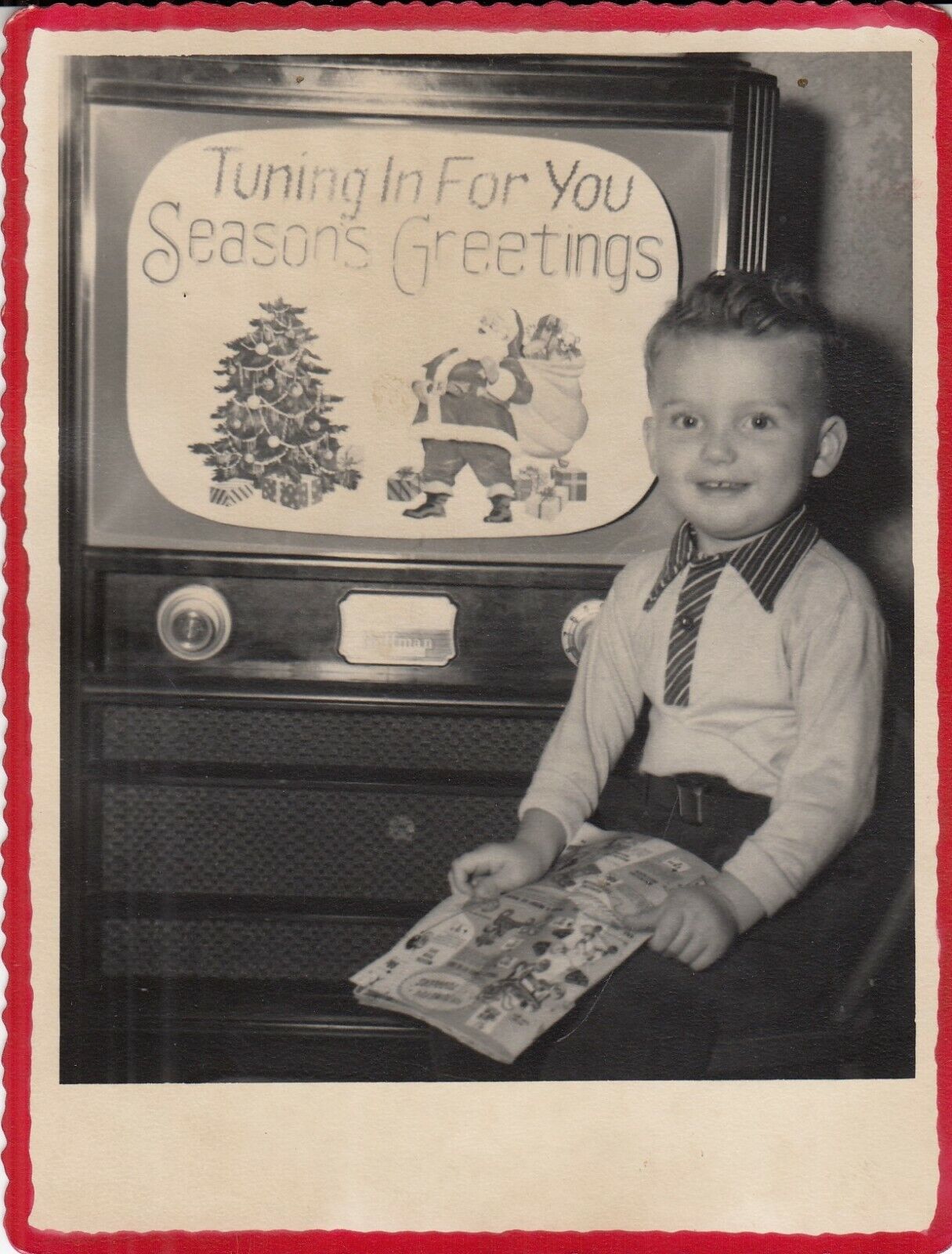 Vintage Photograph , Seasons Greetings B/W Photo Boy w/ Television Hoffman  TV