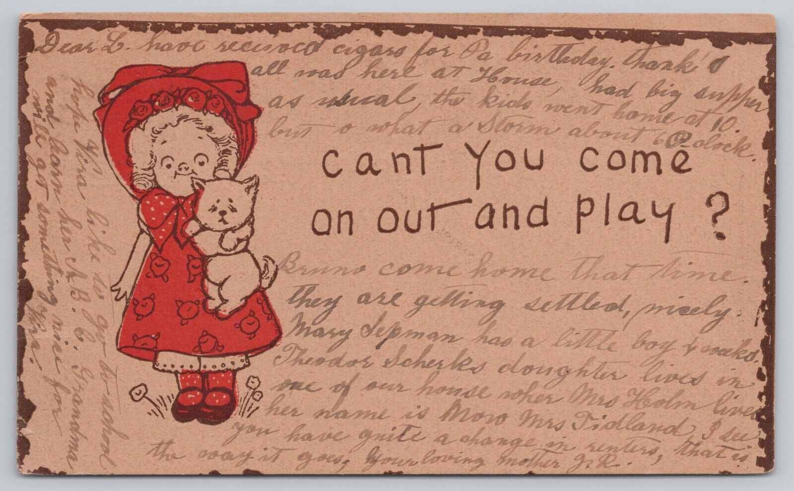 Postcard Girl in Red Dress with Kitten, Cant You Come On Out And Play? Vint 1907
