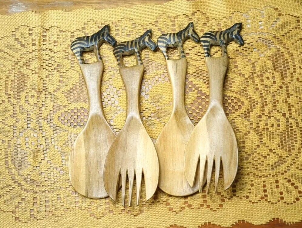 4 Vintage Zebra Wooden Salad Serving Forks & Spoons Hand Carved