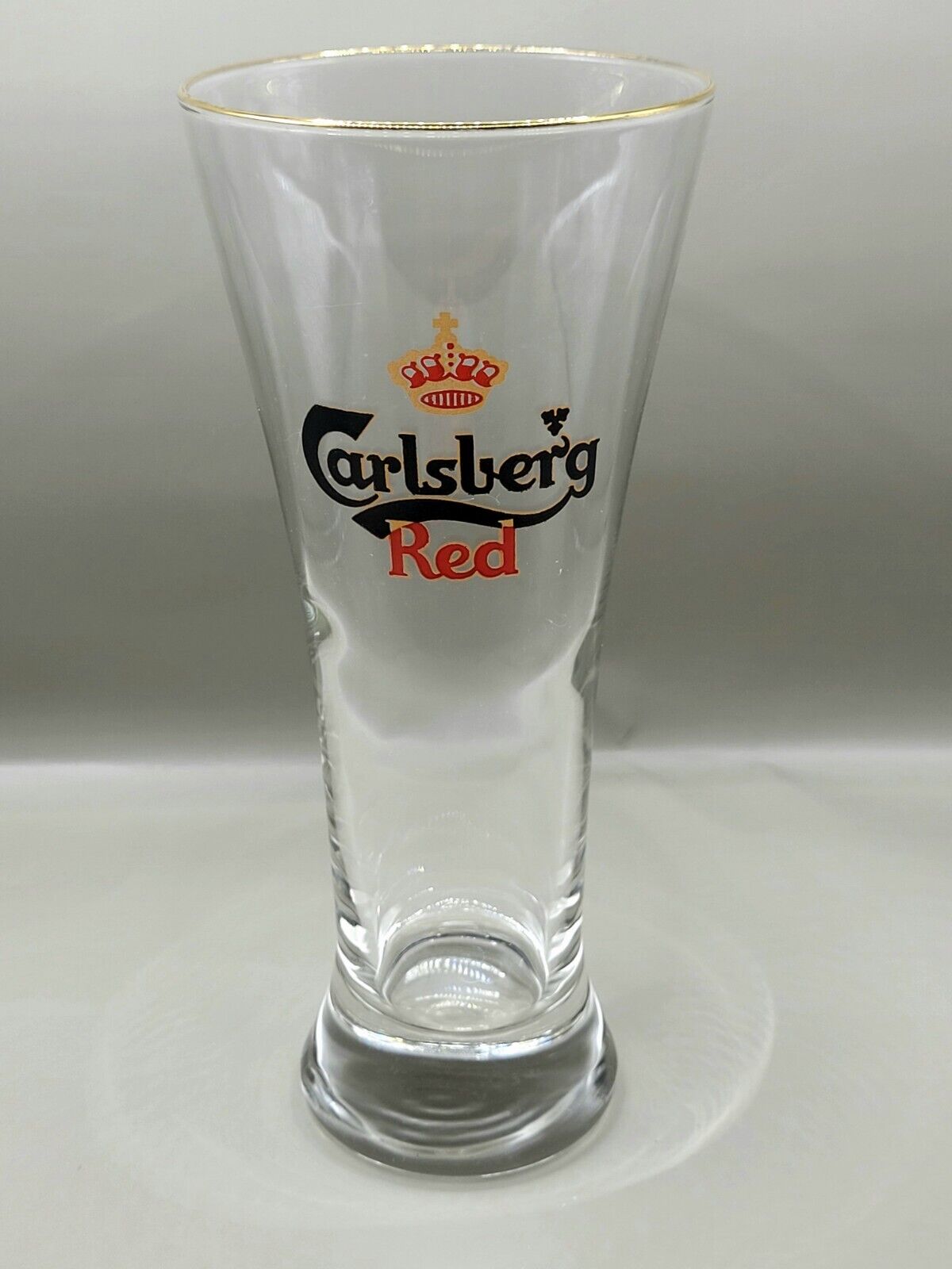 Vintage Carlsberg Red Danish Flare Beer Glass Tall Gold Rim Pilsner Barware