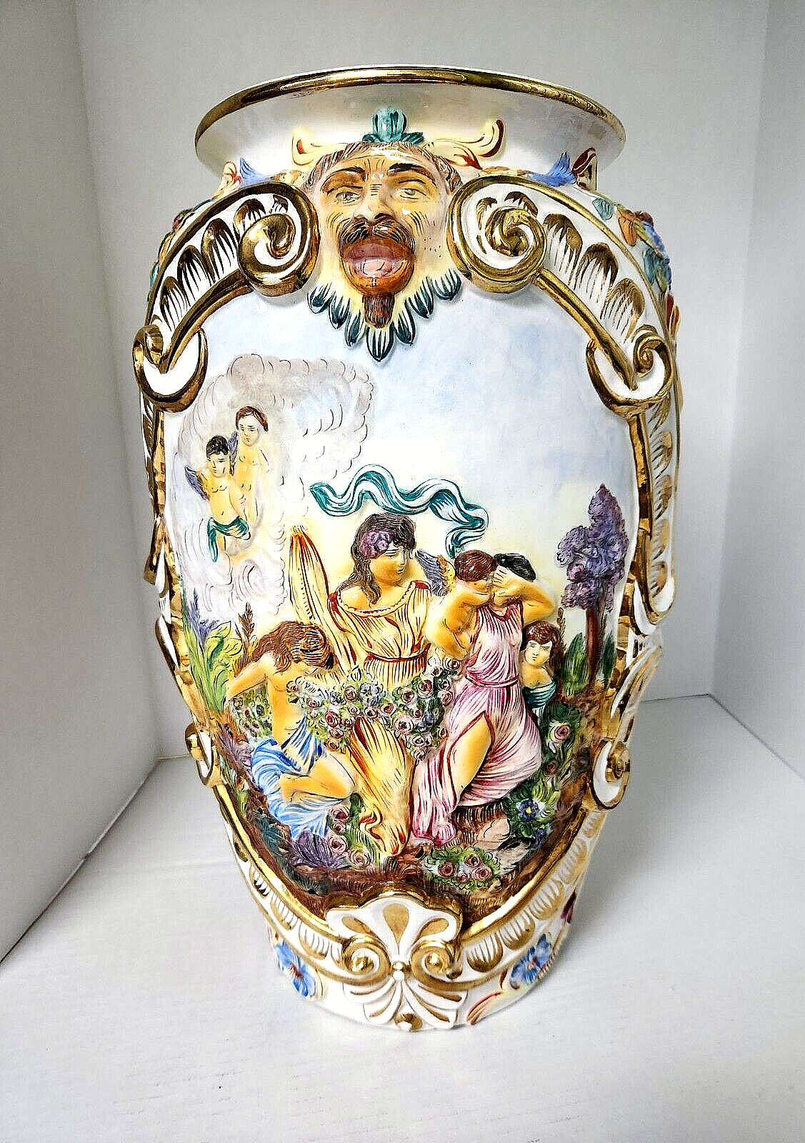 Antique Capodimonte Vase Ceramic 1920\'s w/ Maidens Cherubs & Flowers 20\